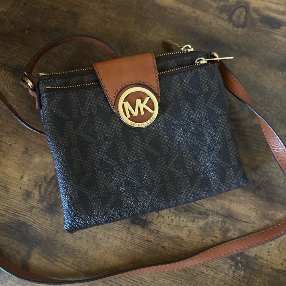 Michael Kors Dark Brown Signature MK Crossbody with Tan Leather Trim